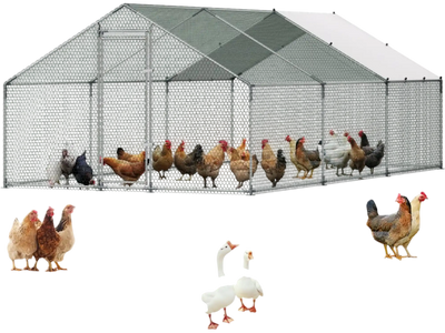 VEVOR Large Metal Chicken Coop 9.8x19.5x6.6 ft Walk-in Chicken Run House, Spire Roof Hen House Enclosure with Cover and Security Lock, Outdoor Duck Rabbit Cage Poultry Pen for Backyard, Farm, Yard