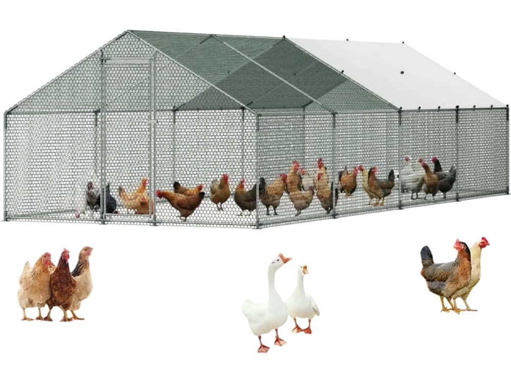 VEVOR Large Metal Chicken Coop, 9.8 x 26.2 x 6.6 ft, Walk-in Chicken Runs with Waterproof Cover, Spire Roof Hen House Enclosure with Lock, Outdoor Duck Rabbit Cage Poultry Pen for Backyard, Farm, Yard