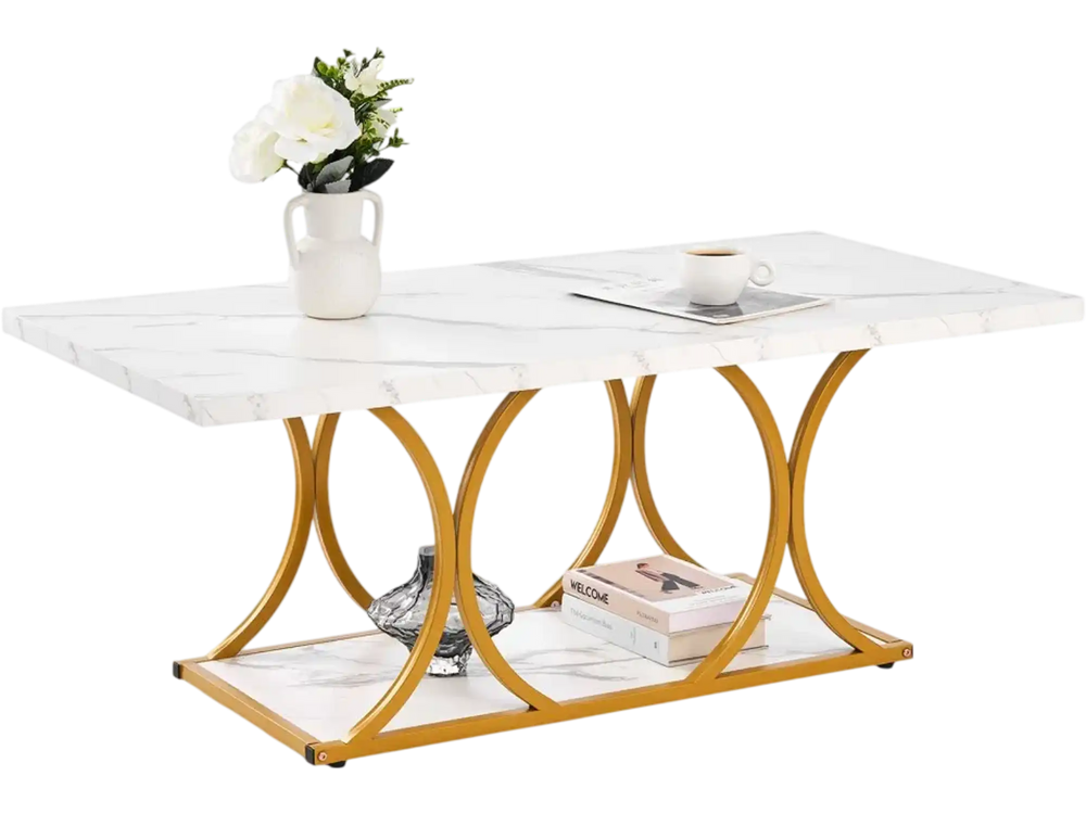VEVOR Coffee Table, Modern Faux Marble Coffee Table, Large 2-Tier Rectangle Center Desk with Geometric Legs, Minimalist Sturdy Metal Frame Accent End Desk for Living Room, Office, Easy Assembly, White