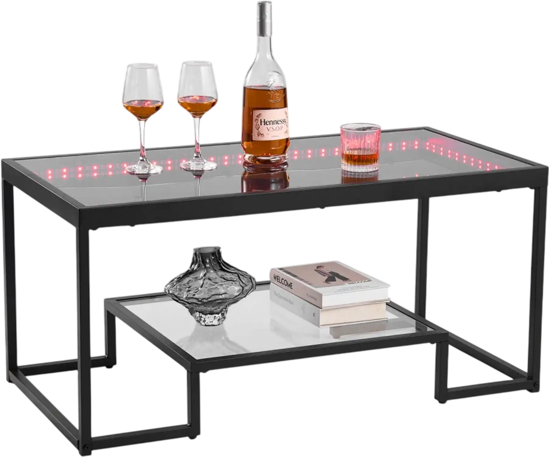 Vevor Coffee Table Modern Tempered Glass 2-Tier LED Living Room Table New