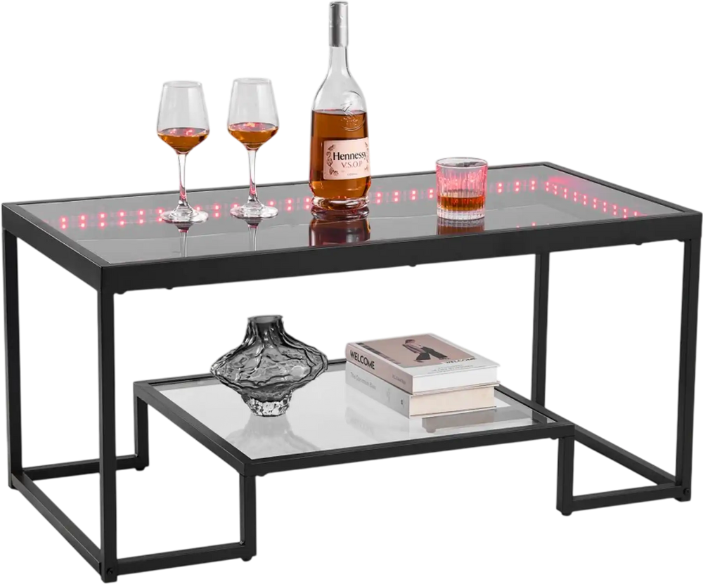 VEVOR Coffee Table, Modern Tempered Glass Coffee Table with Lighting, 2 Tiers Rectangle Glass Center Desk with Open Storage, Minimalist Metal Accent End Desk for Living Room, Office, Easy Assembly