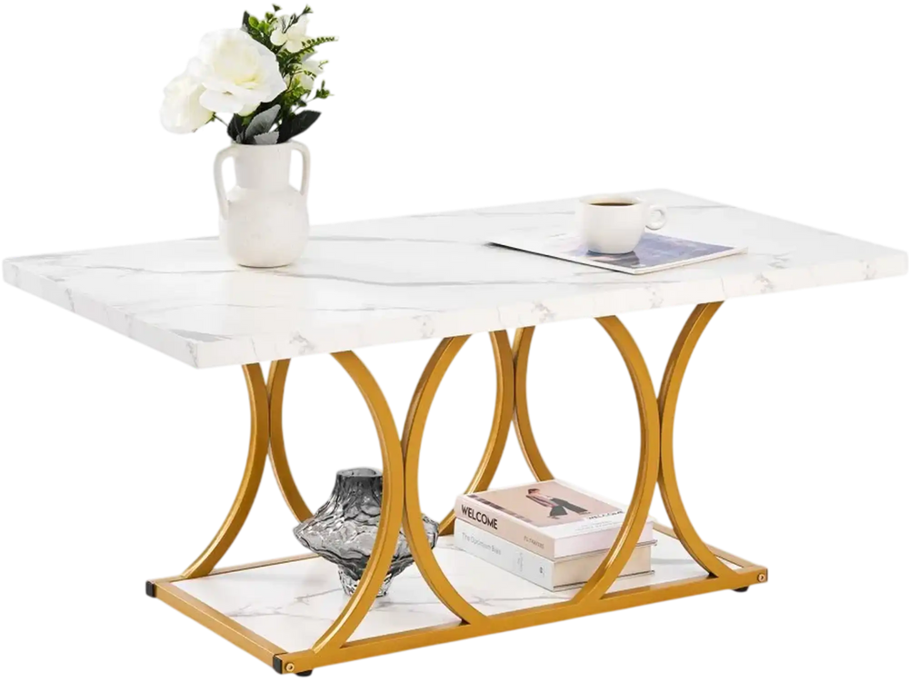 VEVOR Coffee Table, Modern Faux Marble Coffee Table, 2-Tier Rectangle Center Desk with Geometric Legs, Minimalist Sturdy Metal Frame Accent End Desk for Living Room, Office, Easy Assembly, White
