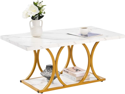 Vevor Coffee Table Modern 2-Tier Faux Marble Rectangle White New