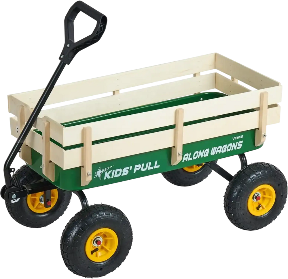 VEVOR Pull-Along Wagon for Kids, 39 inch Toddler Wagons with Wooden Panels & Handle, Supports up to 330 lbs, All-Terrain Utility Wagon Cart Birthday Present for Kids Gardening Beach, Green