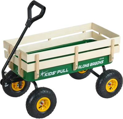 VEVOR Pull-Along Wagon for Kids, 39 inch Toddler Wagons with Wooden Panels & Handle, Supports up to 330 lbs, All-Terrain Utility Wagon Cart Birthday Present for Kids Gardening Beach, Green