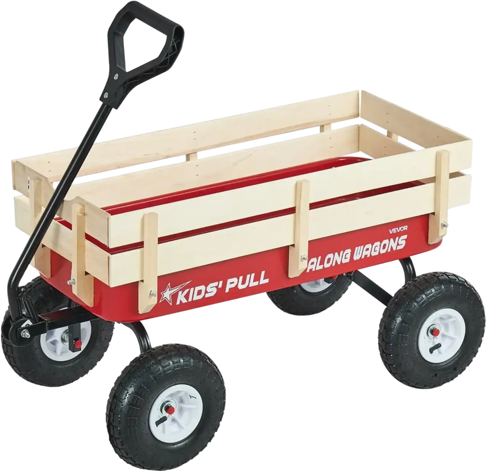 VEVOR Pull-Along Wagon for Kids, 39 inch Toddler Wagons with Wooden Panels & Handle, Supports up to 330 lbs, All-Terrain Utility Wagon Cart Birthday Present for Kids Gardening Beach, Red