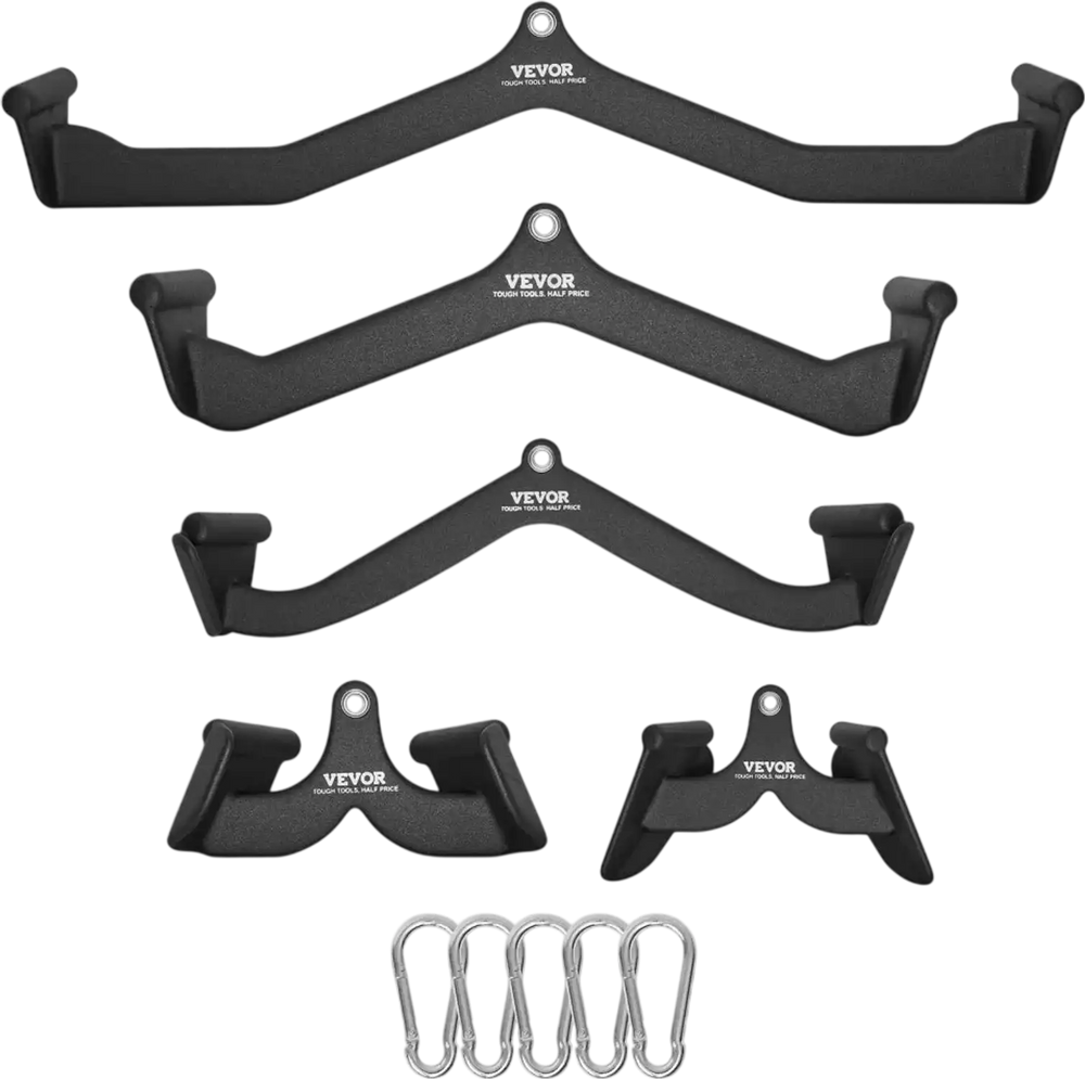 VEVOR LAT Pulldown Attachments, Cable Machine Rowing T-bar V-bar 5 Set, Tricep Pull Down Bar, Back Strength Training Rubber Coated Handle Grip, Bicep Curl Tricep Lat Pulldown Bar for Home Gym Fitness
