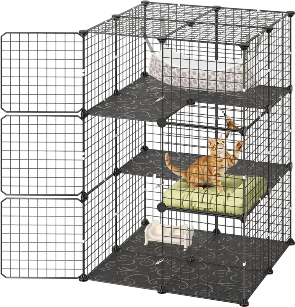 VEVOR Cat Cage 3-Tier 27.99"x27.99"x40.98" DIY Cat Playpen with Hammock, Indoor Enclosure Detachable Metal Wire Kennel Crate, Large Exercise Place Ideal for 1-2 Cats, Kittens and Small Animals, Black