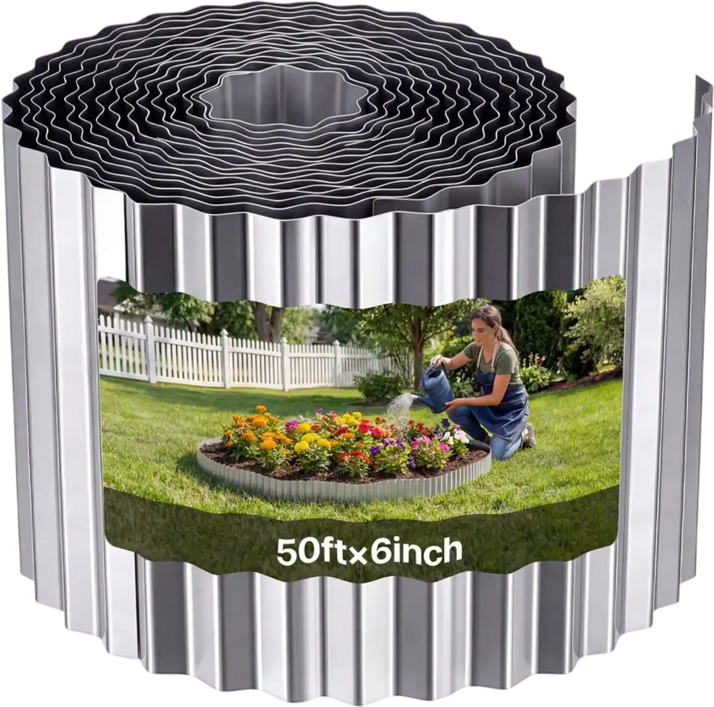 VEVOR Galvanized Steel Landscape Edging, 50 ft x 6 in Metal Edging for Landscaping with Gloves, Easy-to-Install Bendable Metal Strips, Heavy Duty Metal Garden Edge Border for Flower Bed, Yard Pathway