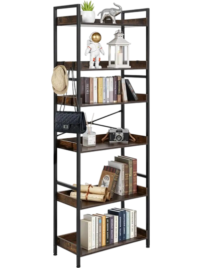 VEVOR Industrial Bookshelf, 6-Tier, Vintage Ladder Shelf Bookshelves and Bookcases, with Metal Frame, Book Organizer with Open Shelves, for Living Room, Bedroom, Kitchen, Home Office, Rustics Brown