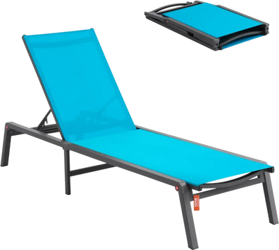 VEVOR Chaise Lounge Chair Outdoor, Aluminum Patio Lounge Chair with Adjustable 5-Position, Folding Pool Lounge Chair Recliner and Full Flat Tanning Chair for Patio, Beach, Pool, Blue