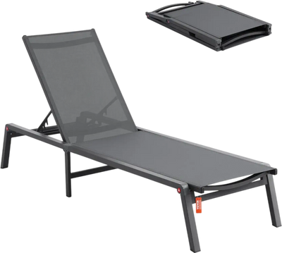 Vevor Chaise Lounge Chair Outdoor Patio Recliner Folding 5-Position Dark Gray New