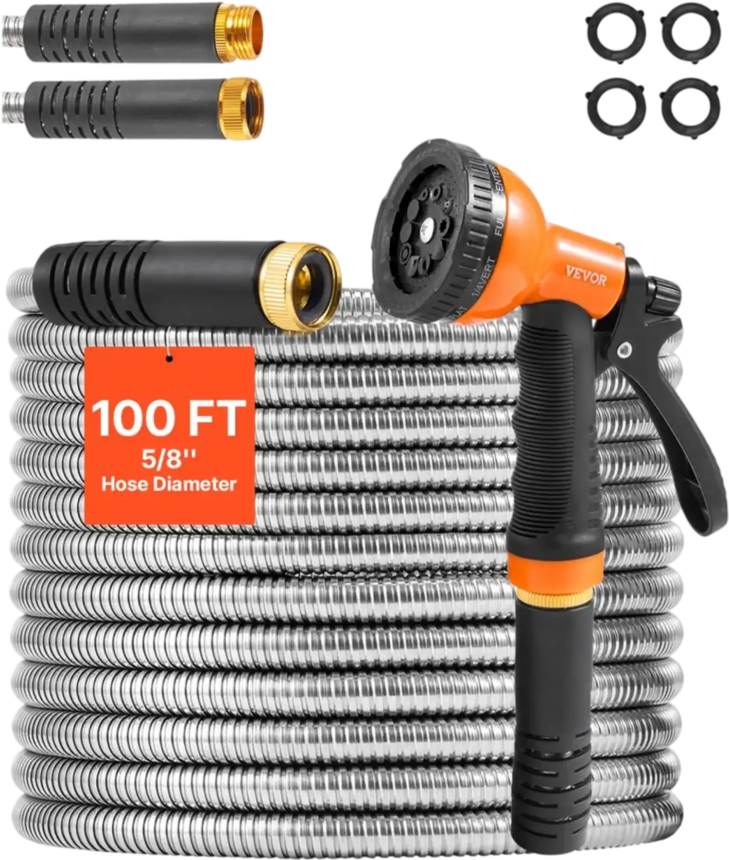 Vevor Metal Garden Hose 100' Stainless Steel Water Hose with 10-Function Nozzle New