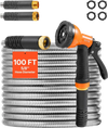 VEVOR Metal Garden Hose 100 ft, Rust Proof Stainless Steel Water Hose, Heavy Duty Backyard Hose with 10 Function Nozzle, No-Kink & Flexible Water Pipe, Lightweight Metal Hose for Yard, Outdoor