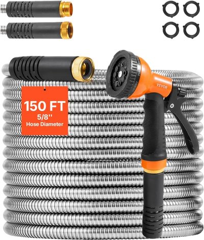 VEVOR Metal Garden Hose 150 ft, Rust Proof Stainless Steel Water Hose, Heavy Duty Backyard Hose with 10 Function Nozzle, No-Kink & Flexible Water Pipe, Lightweight Metal Hose for Yard, Outdoor