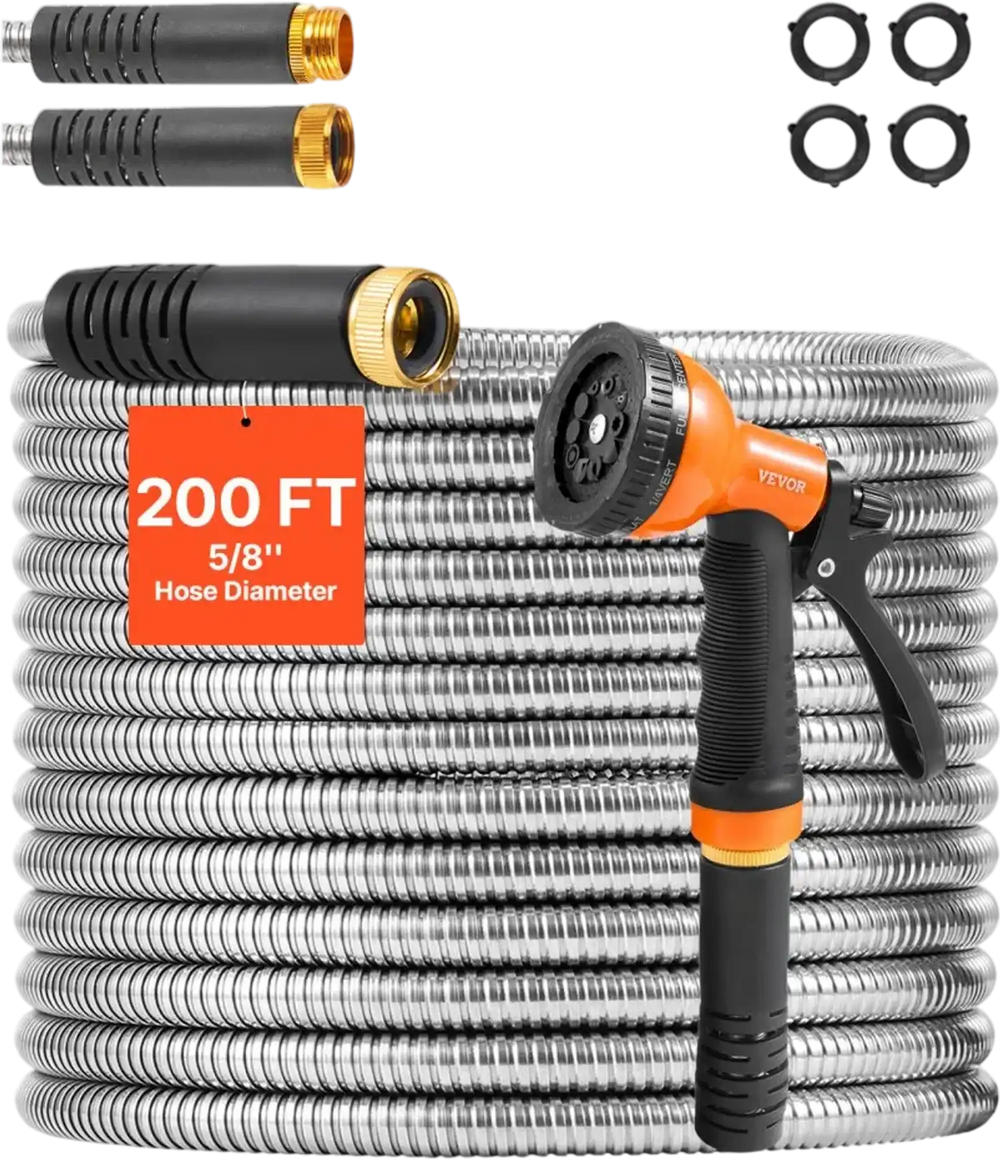 VEVOR Metal Garden Hose 200 ft, Rust Proof Stainless Steel Water Hose, Heavy Duty Backyard Hose with 10 Function Nozzle, No-Kink & Flexible Water Pipe, Lightweight Metal Hose for Yard, Outdoor