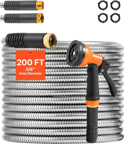 VEVOR Metal Garden Hose 200 ft, Rust Proof Stainless Steel Water Hose, Heavy Duty Backyard Hose with 10 Function Nozzle, No-Kink & Flexible Water Pipe, Lightweight Metal Hose for Yard, Outdoor
