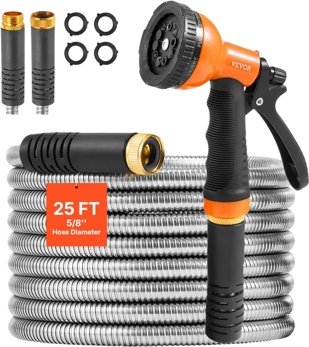 VEVOR Metal Garden Hose 25 ft, Rust Proof Stainless Steel Water Hose, Heavy Duty Backyard Hose with 10 Function Nozzle, No-Kink & Flexible Water Pipe, Lightweight Metal Hose for Yard, Outdoor