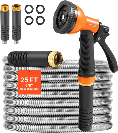 VEVOR Metal Garden Hose 25 ft, Rust Proof Stainless Steel Water Hose, Heavy Duty Backyard Hose with 10 Function Nozzle, No-Kink & Flexible Water Pipe, Lightweight Metal Hose for Yard, Outdoor