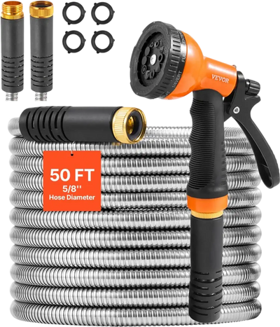 VEVOR Metal Garden Hose 50 ft, Rust Proof Stainless Steel Water Hose, Heavy Duty Backyard Hose with 10 Function Nozzle, No-Kink & Flexible Water Pipe, Lightweight Metal Hose for Yard, Outdoor