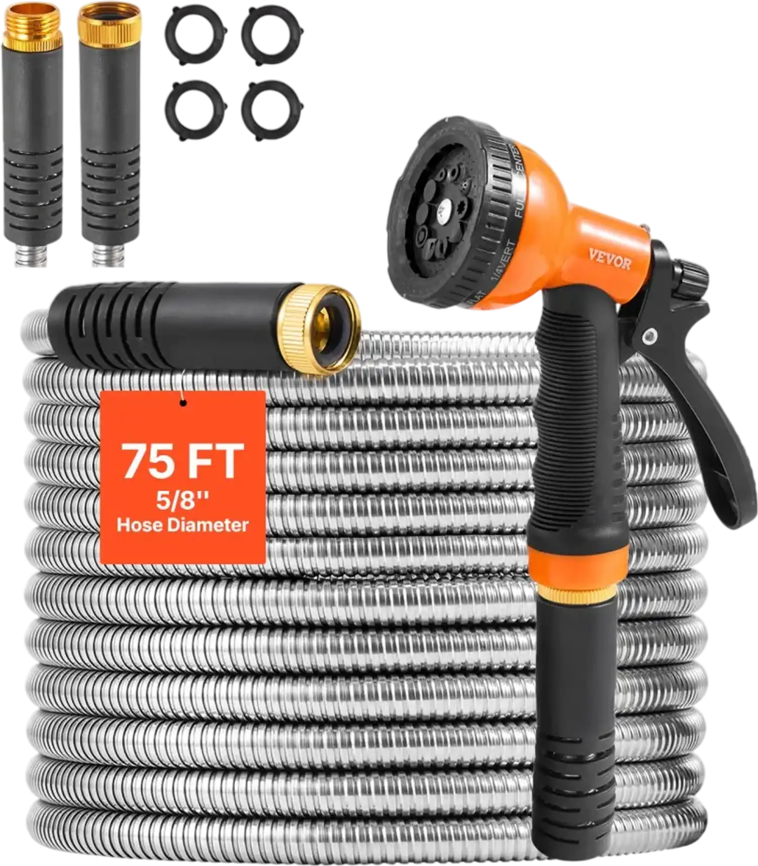 Vevor Garden Hose 75' Stainless Steel Water Hose with 10-Pattern Nozzle New