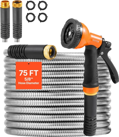 VEVOR Metal Garden Hose 75 ft, Rust Proof Stainless Steel Water Hose, Heavy Duty Backyard Hose with 10 Function Nozzle, No-Kink & Flexible Water Pipe, Lightweight Metal Hose for Yard, Outdoor