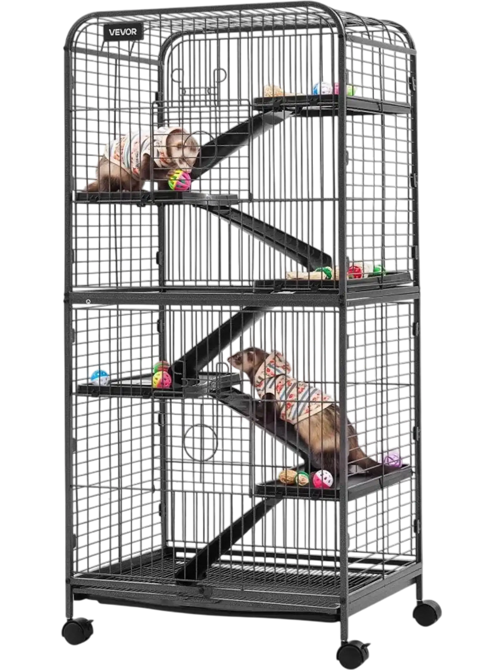 VEVOR Metal Small Animal Cage 52.4"H 6-Tier Rolling Ferret Cage On Wheels, 1" Wire Spacing Large Cages with Ramps, Platform, Tray & Doors for Ferrets, Chinchillas, Sugar Gliders, Small Cats & Rabbits