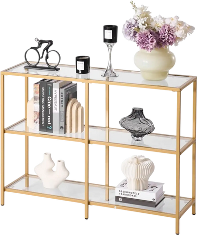 VEVOR 3-Tier Glass Console Table, Modern Rectangle Sofa Side Table with Tempered Glass Top and Iron Legs, Golden Consloe Desk with Anti-Tip Device for Living Room, Hallway, Entryway, Foyer, Golden