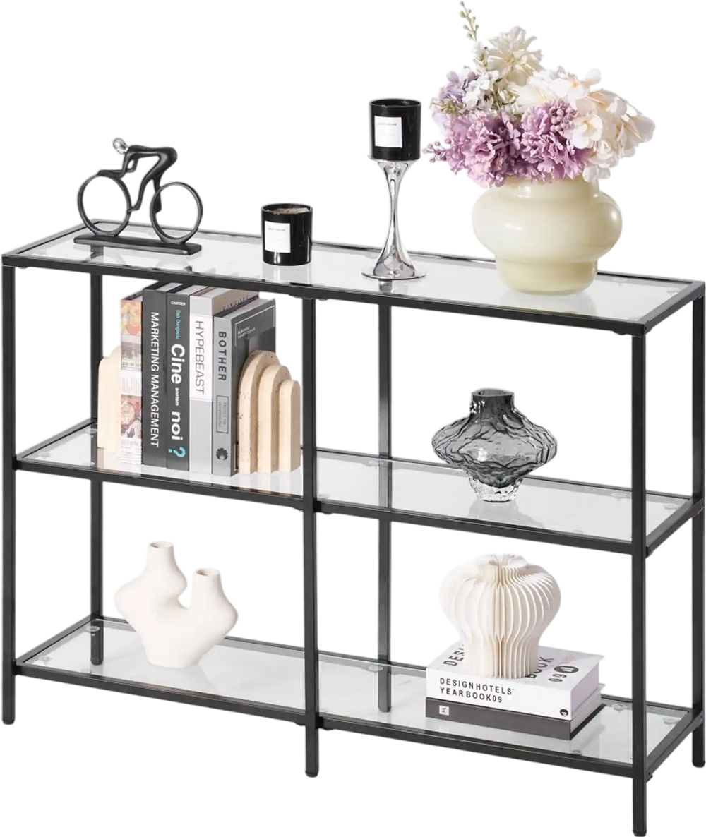 VEVOR 3-Tier Glass Console Table, Modern Rectangle Sofa Side Table with Tempered Glass Top and Iron Legs, Golden Consloe Desk with Anti-Tip Device for Living Room, Hallway, Entryway, Foyer, Black