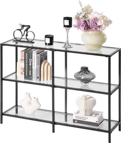 Vevor Console Table 3-Tier Tempered Glass Sofa Side Table Black New