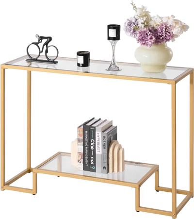 VEVOR 2-Tier Glass Console Table, Modern Rectangle Sofa Side Table with Tempered Glass Top and Iron Legs, Golden Consloe Desk with Anti-Tip Device for Living Room, Hallway, Entryway, Foyer, Golden