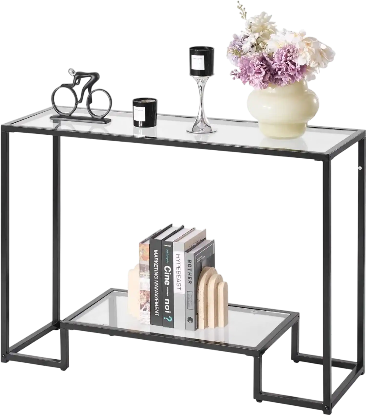 Vevor Console Table 2-Tier Tempered Glass Rectangle Sofa Side Table Black New