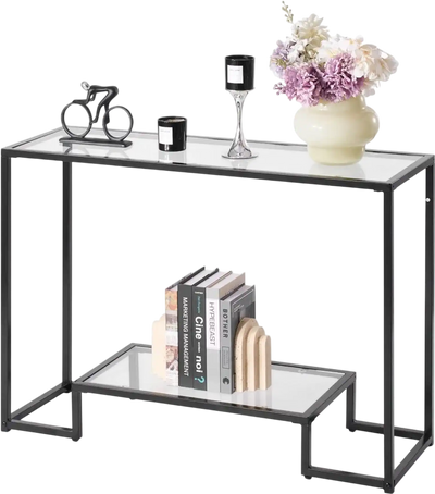 Vevor Console Table 2-Tier Tempered Glass Rectangle Sofa Side Table Black New