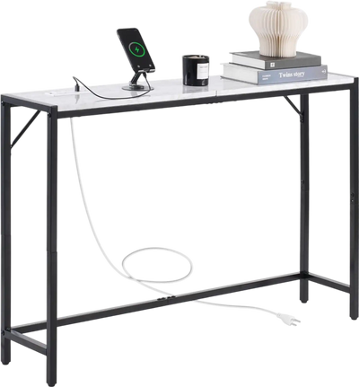 VEVOR Marble Console Table, Modern Narrow Long Console Table with Power Outlet, Thin Sofa Side Table with Iron Tubes, Anti-Tip Device and Triangular Support for Living Room, Hallway, Entryway, Foyer