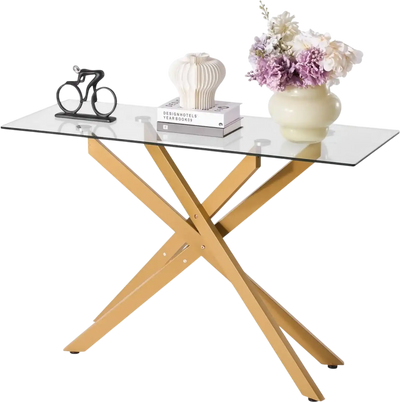 Vevor Console Table Glass Top Coffee Table with Tempered Glass & Iron Cross Legs New