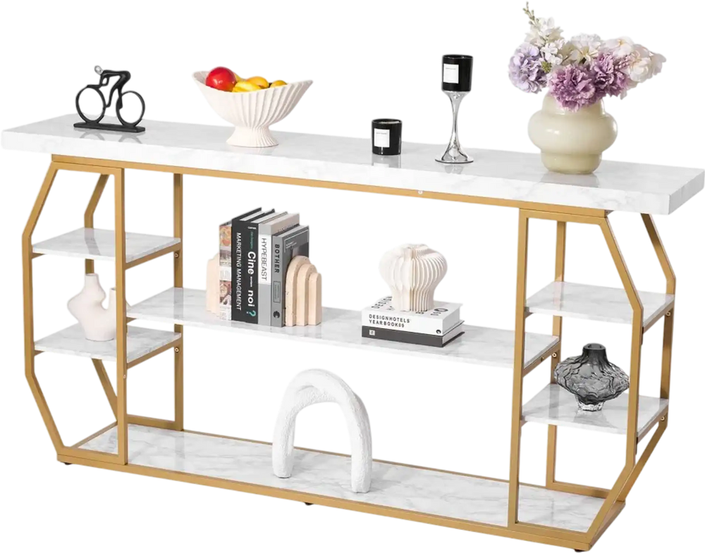 VEVOR Marble Console Table, 3 Tiers Modern Console Table for Open Storage, Golden Geometric Table with Iron Tubes, Anti-Tip Device and Triangular Support for Living Room, Hallway, Entryway, Foyer