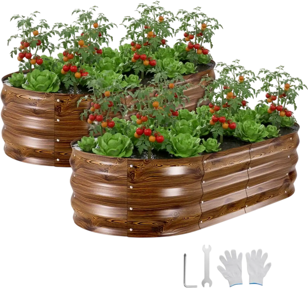VEVOR 2 Pack Galvanized Raised Garden Beds, 4 x 2 x 1 ft, Oval Metal Planter Boxes Kit Outdoor, Bottomless Elevated Garden Box with Gloves, Alu-Zinc, for Planting Flowers Vegetables, Deep Wood Grain