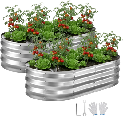 VEVOR 2 Pack Galvanized Raised Garden Beds, 4 x 2 x 1 ft, Oval Metal Planter Boxes Kit Outdoor, Bottomless Elevated Garden Box with Gloves, Alu-Zinc, for Planting Flowers Fruits Vegetables, Silver