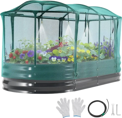 VEVOR Galvanized Raised Garden Bed, 6 x 3 x 1 ft, with Self Watering System and Mesh Cover, Oval Metal Planter Box Kit Outdoor, Rustproof Alu-Zinc, for Planting Flowers Fruits Vegetables, Dark Gray