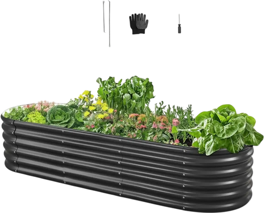 VEVOR Metal Raised Garden Bed, 6.56 x 1.97 x 1.4 ft Oval Outdoor Galvalume Planter Garden Box, Open Bottom Design, Large Planter Raised Bed for Growing Vegetables, Flowers, Succulents, Dark Gray