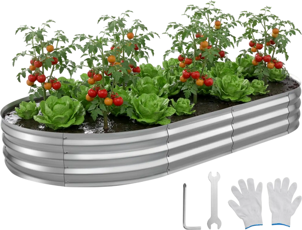 VEVOR Galvanized Raised Garden Bed, 8 x 4 x 1 ft, Oval Metal Planter Box Kit Outdoor, Bottomless Elevated Garden Box with Gloves, Rustproof Alu-Zinc, for Planting Flowers Fruits Vegetables, Silver