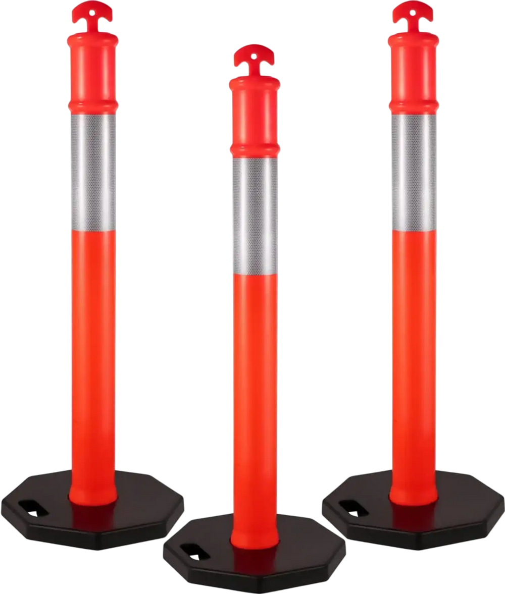 VEVOR 3Pack Traffic Delineator Posts 44 Inch Height, Orange Delineator Cones with Rubber Base 16 inch, PE Delineator Post Kit 10 inch Reflective Band for Construction Sites, Facility Management etc.