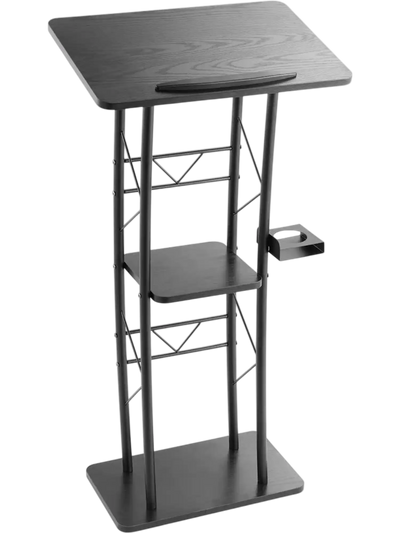 VEVOR Podium Stand, 47-Inch Metal Lectern, Curved Standing Podium with Wide Reading Surface, Open Storage Compartment, Book Stopper, Cup Holder, for Classroom, Wedding, Conference, Speech, and Concert