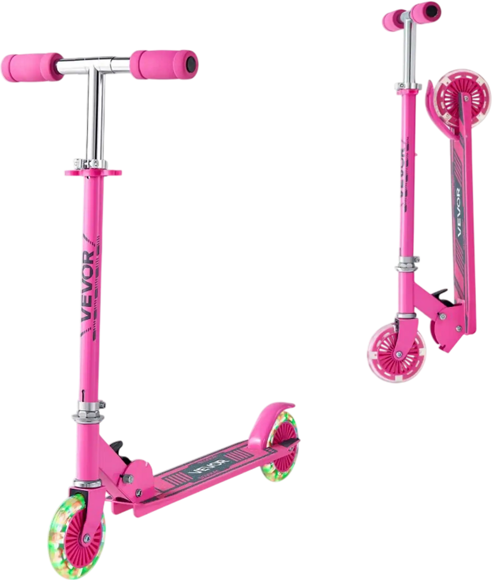 VEVOR Kick Scooter for Kids Ages 3+, 2-Wheel Toddler Scooter with Light-Up Wheels, Adjustable Height Handlebar, Wide Anti-Slip Deck, Foldable Lightweight Frame for Boys & Girls up to 110 lbs, Pink