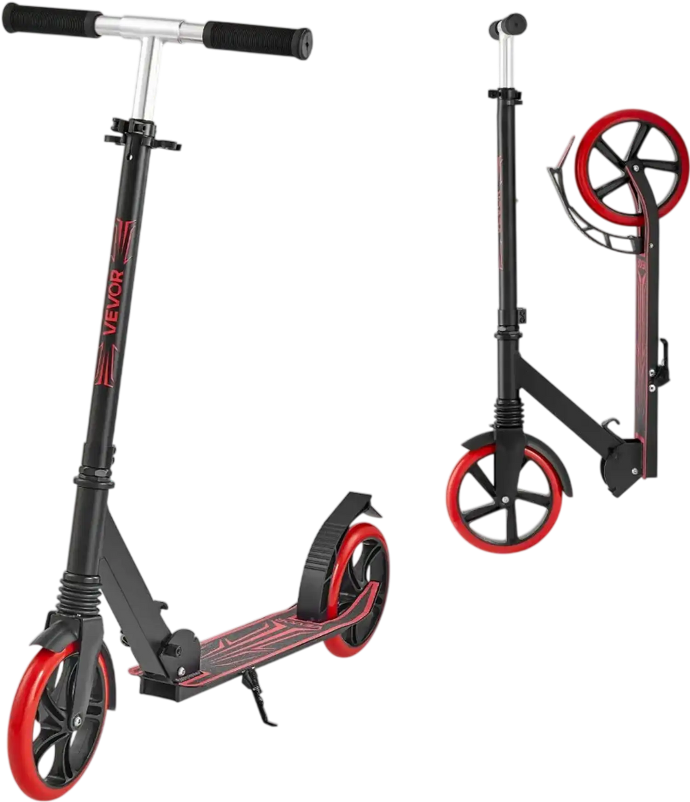 VEVOR Kick Scooter for Kids Ages 8+, Teens & Adults, 2-Wheel Toddler Scooter with Adjustable Height Handlebar, Wide Anti-Slip Deck, Foldable Lightweight for Boys & Girls up to 220 lbs, Black + Red