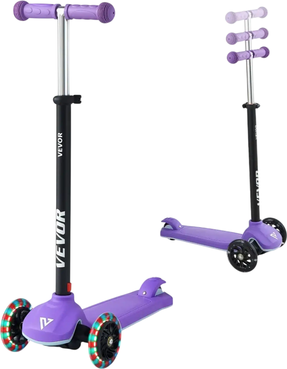 VEVOR Kick Scooter for Kids Ages 3+, 3-Wheel Toddler Scooter with Light-Up Wheels, Adjustable Height Handlebar, Wide Anti-Slip Deck, Lightweight Aluminum Frame for Boys & Girls up to 165 lbs, Purple