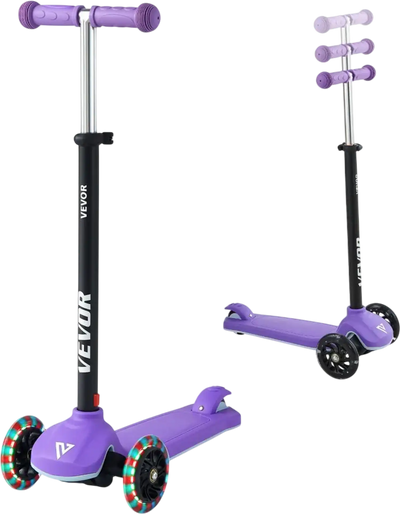 VEVOR Kick Scooter for Kids Ages 3+, 3-Wheel Toddler Scooter with Light-Up Wheels, Adjustable Height Handlebar, Wide Anti-Slip Deck, Lightweight Aluminum Frame for Boys & Girls up to 165 lbs, Purple