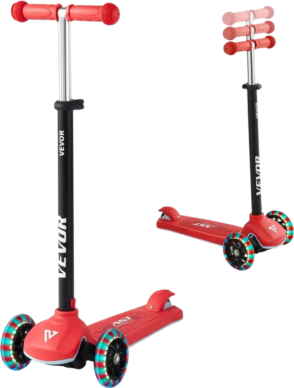VEVOR Kick Scooter for Kids Ages 3+, 3-Wheel Toddler Scooter with Light-Up Wheels, Adjustable Height Handlebar, Wide Anti-Slip Deck, Lightweight Aluminum Frame for Boys & Girls up to 165 lbs, Red