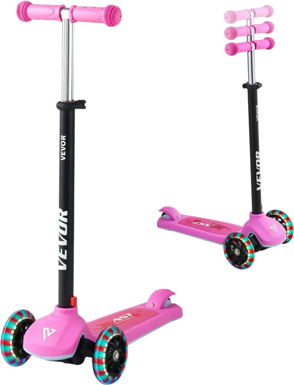 VEVOR Kick Scooter for Kids Ages 3+, 3-Wheel Toddler Scooter with Light-Up Wheels, Adjustable Height Handlebar, Wide Anti-Slip Deck, Lightweight Aluminum Frame for Boys & Girls up to 165 lbs, Pink