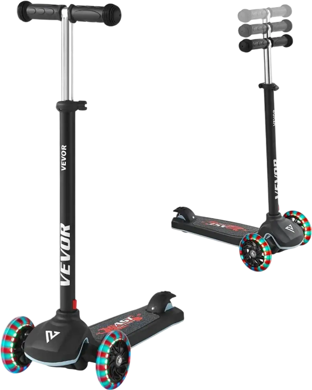 VEVOR Kick Scooter for Kids Ages 3+, 3-Wheel Toddler Scooter with Light-Up Wheels, Adjustable Height Handlebar, Wide Anti-Slip Deck, Lightweight Aluminum Frame for Boys & Girls up to 165 lbs, Black